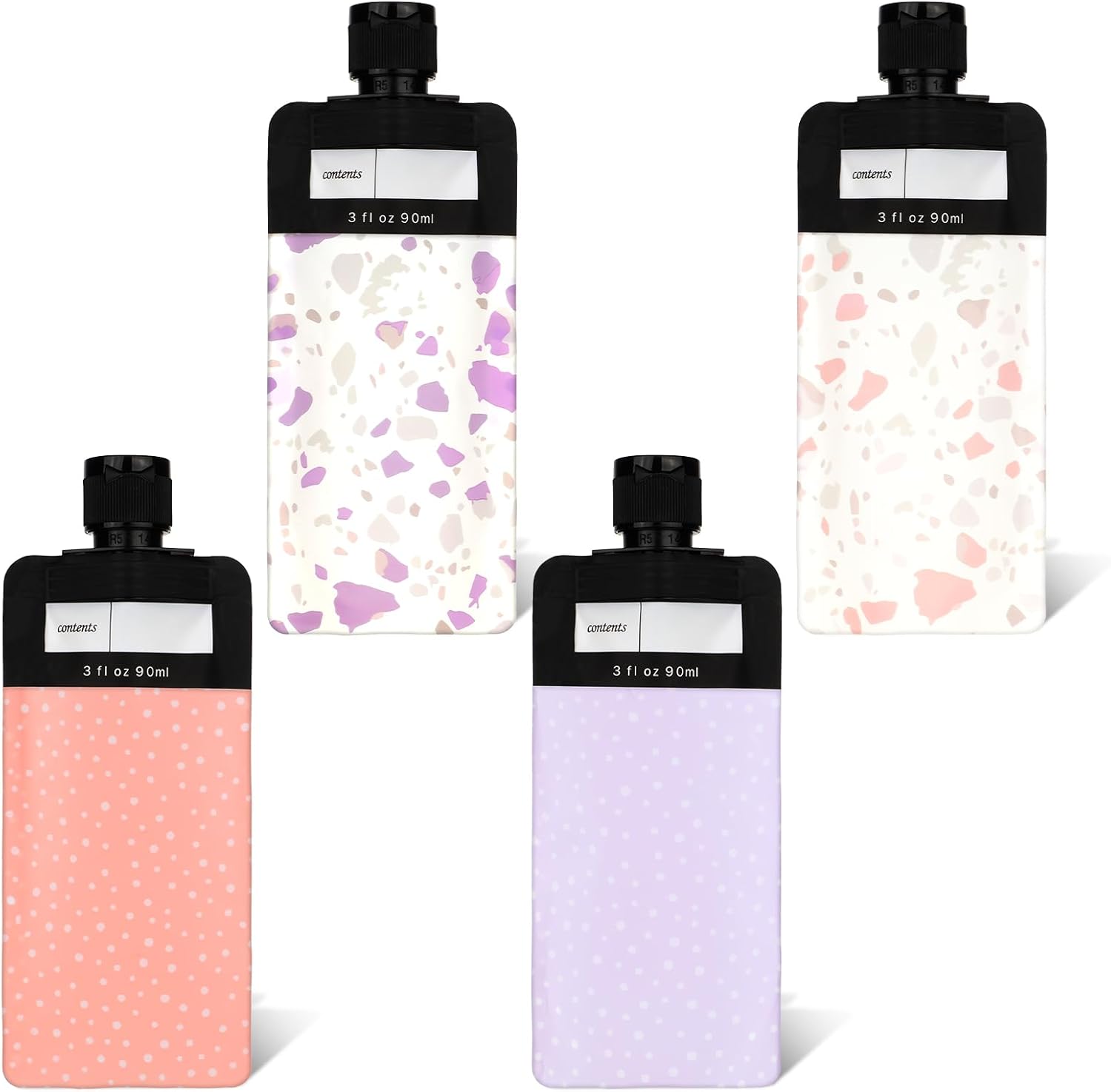 4 PCS Travel Pouches for Toiletries, 3oz Leak Proof Empty Squeeze Pouches, Refillable Travel Containers, Portable Travel Fluid Makeup Packing Pouches for Shampoo Conditioner Lotion Body Wash, Style 3