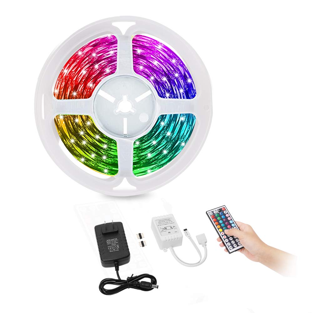 led Strip Lights ,16.4 ft RGB Color Changing Light ，5050 LED Tape Light with 44 Keys IR Remote Controller and 12V Power Supply for Home,Kitchen,Bedroom ,Party and Holiday Decoration.