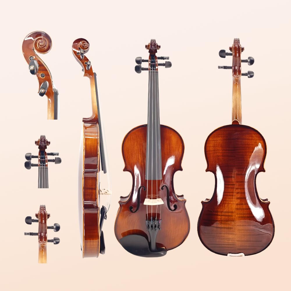 Vetimobato Kit complet de violon 4/4 fait à la main – Dos et éclisses en érable massif avec étui de rangement, archet, repose-épaules et cordes pour joueurs débutants (marron foncé, 4/4)