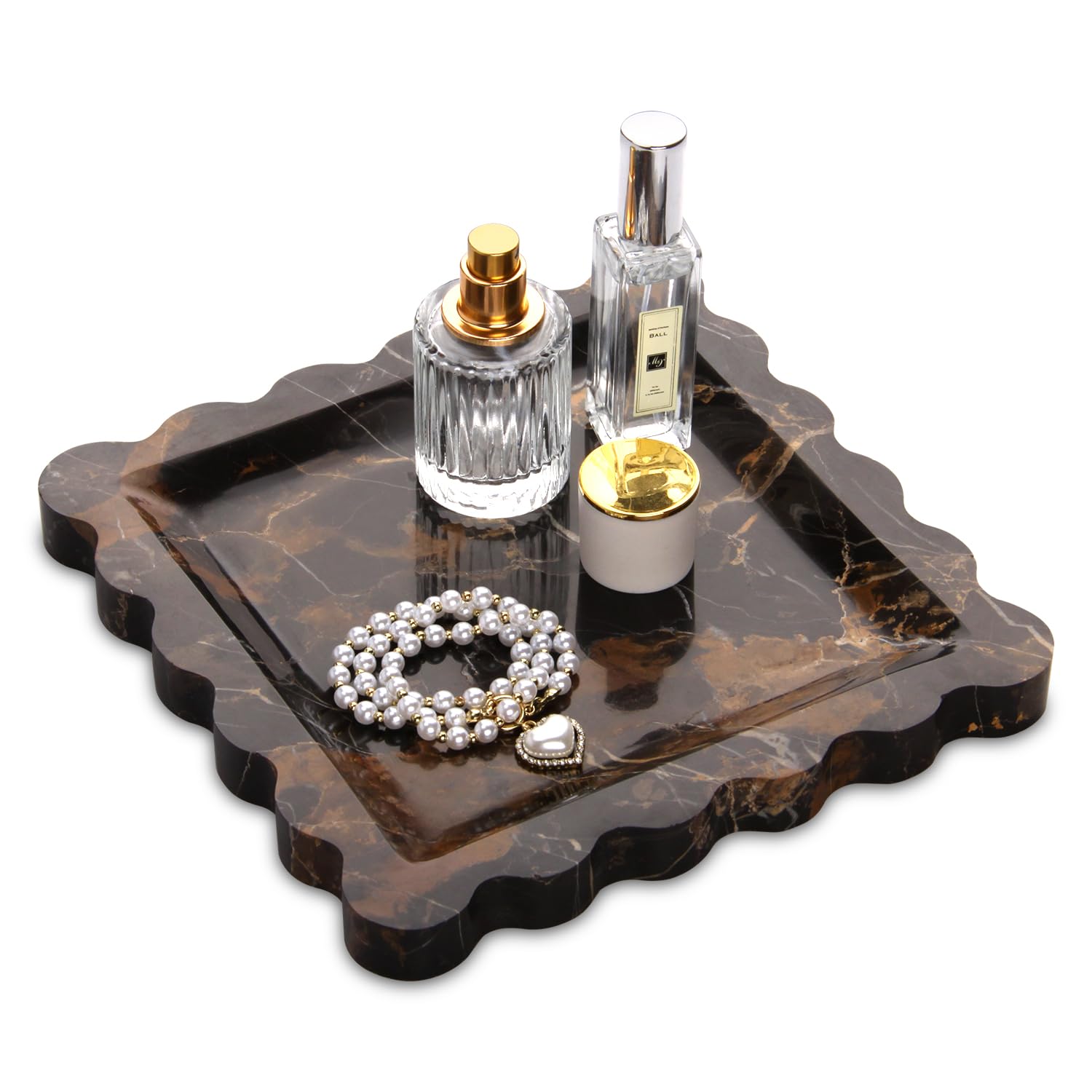 Plateau Marbre Or Noir Plateaux Ondulé de Salle de Bain Rangement Plateau Décoratif pour Coiffeuse, Mouchoirs, Bougies, Serviettes, Cosmétiques, Cuisine, Parfum, Porte-clés 20 x 20 cm