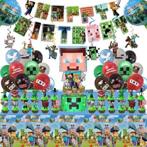 60Pcs For Pixel Birthday Party Decorations Party Supplies Set Including Balloons Backdrop Banner Tablecloth Hanging Swirls Cake Cupcake Toppers for Pixel Theme Party