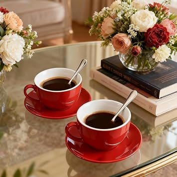 ionEgg Porcelain Coffee Cup with Saucer 220ml/7.3oz for Cappuccino, Latte, and Tea, Red, Set of 2