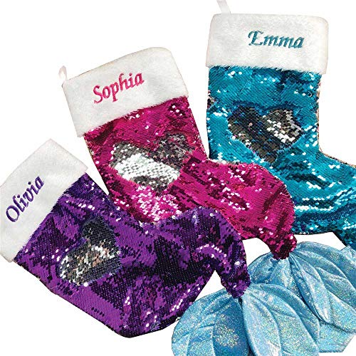 GiftsForYouNow Pink Sequin Personalized Mermaid Christmas Stocking, Embroidered for Little Girl, Mermaid Tail With Reversible Sequins