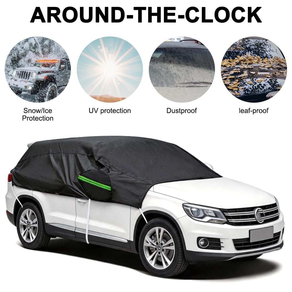 Auto Halbgarage Wasserdicht Atmungsaktiv Autoabdeckung, Universal Halbgarage für Auto Allwetterschutz vor Regen, Staub, Sonne und Laub für Windschutzscheibe Schwarz