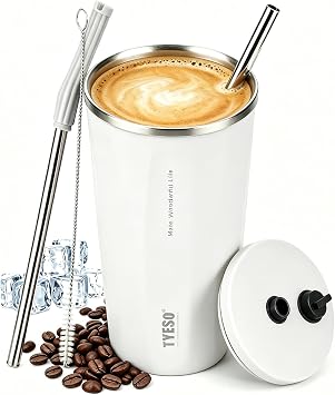 TYESO Stainless Steel Tumbler with straw inside Stainless steel wide-mouth vacuum insulation home office outdoor multi-color thermal insulation and cold insulation cover with 20oz White, 20 oz