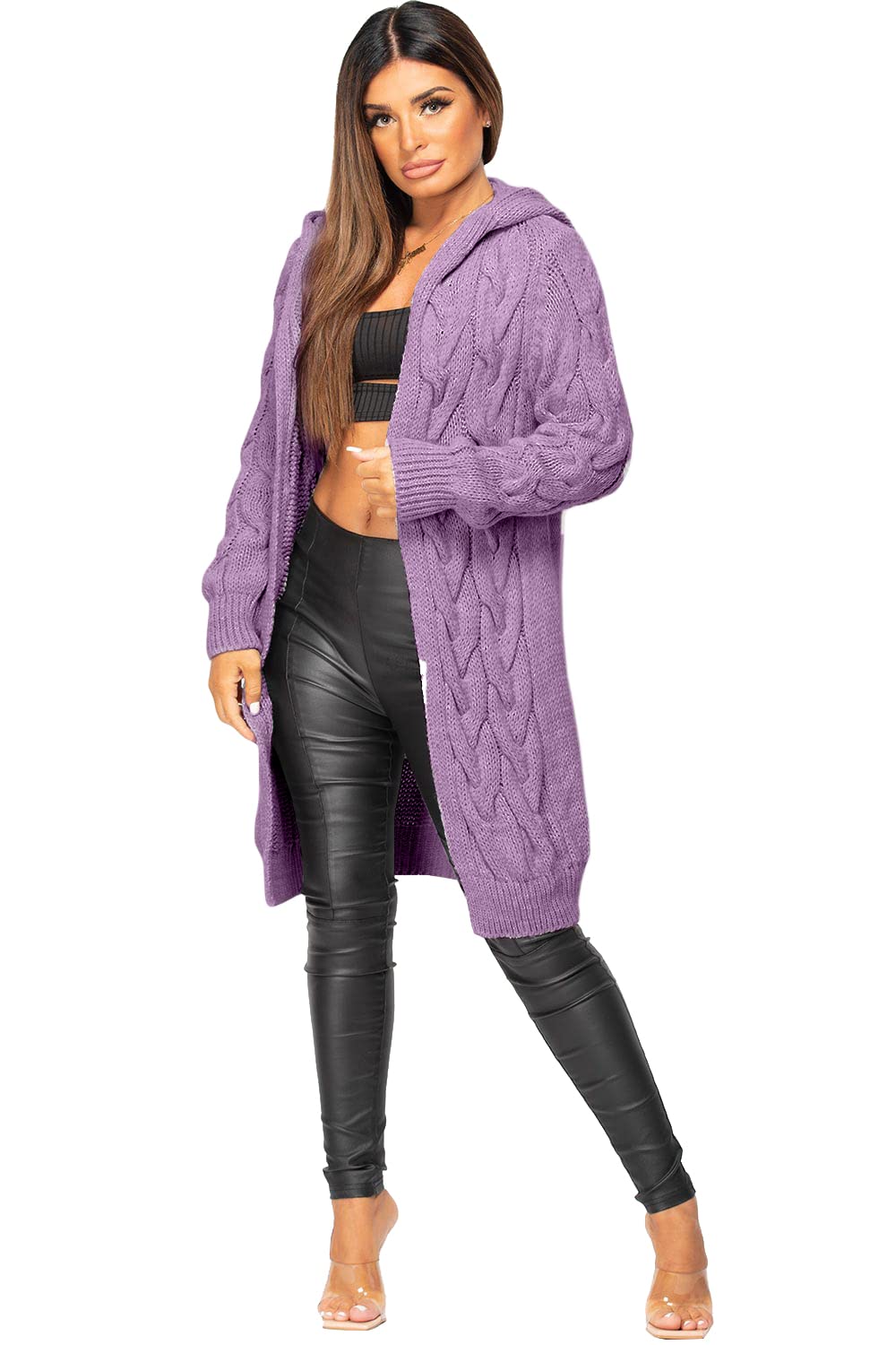 Gostyles Women's Lilac Gostyles® Cardigan Cable Open Front Knitted Oversized Long Hooded Chunky Jumper Cape Top Sweater Knitwear Loose Coat (, Xxl)