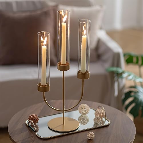 Miniatura 3 de Sziqiqi Candelabros Gold Candelabros Centro de mesa de candelabro de 3 brazos con huracán de vidrio para mesa de comedor chimenea - Portavelas