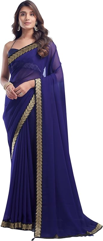 SIRIL Womens Georgette Lace Saree With Unstitched Blouse Piece