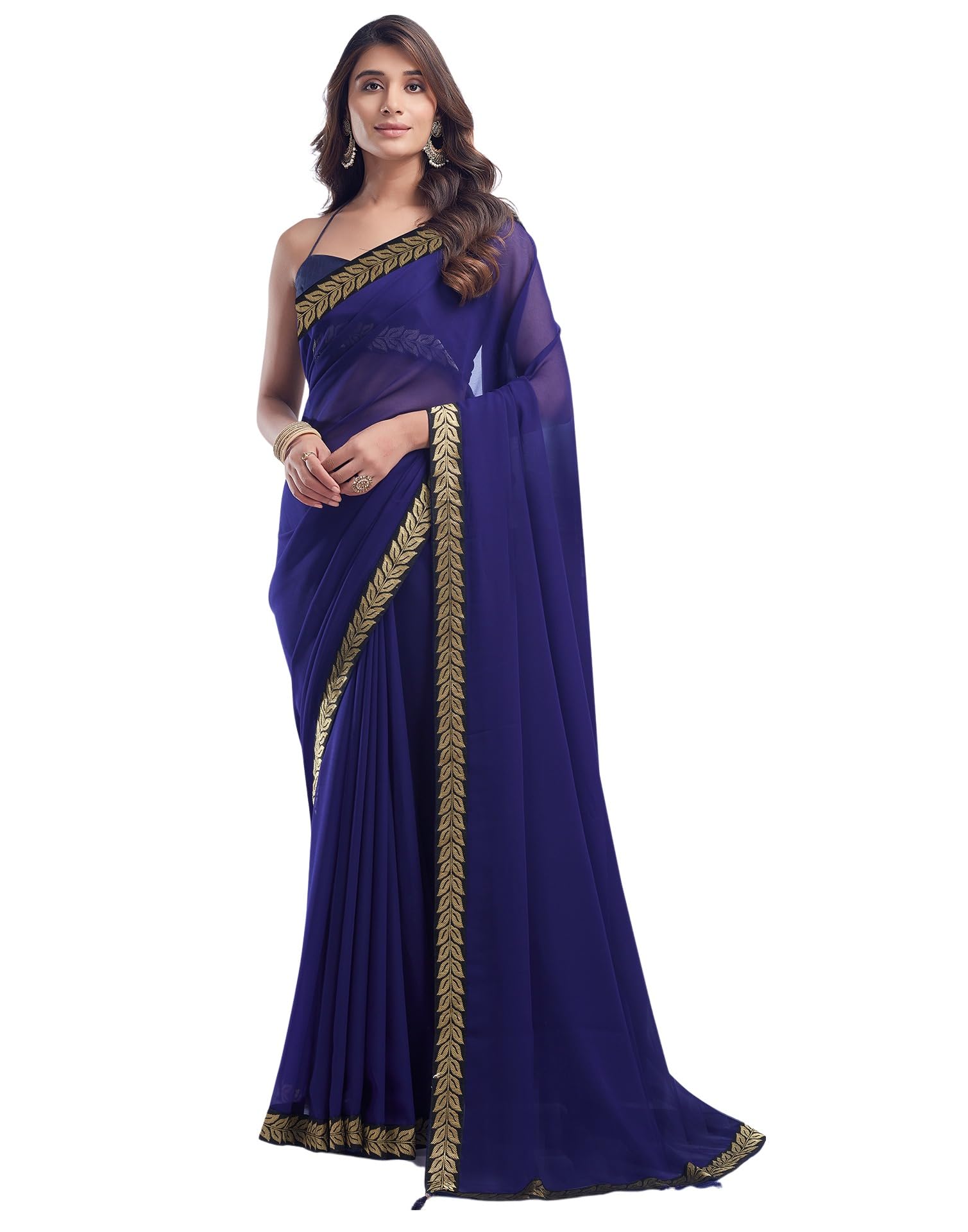 SIRIL Women's Georgette Lace Boarder Saree With Unstitched Blouse Piece