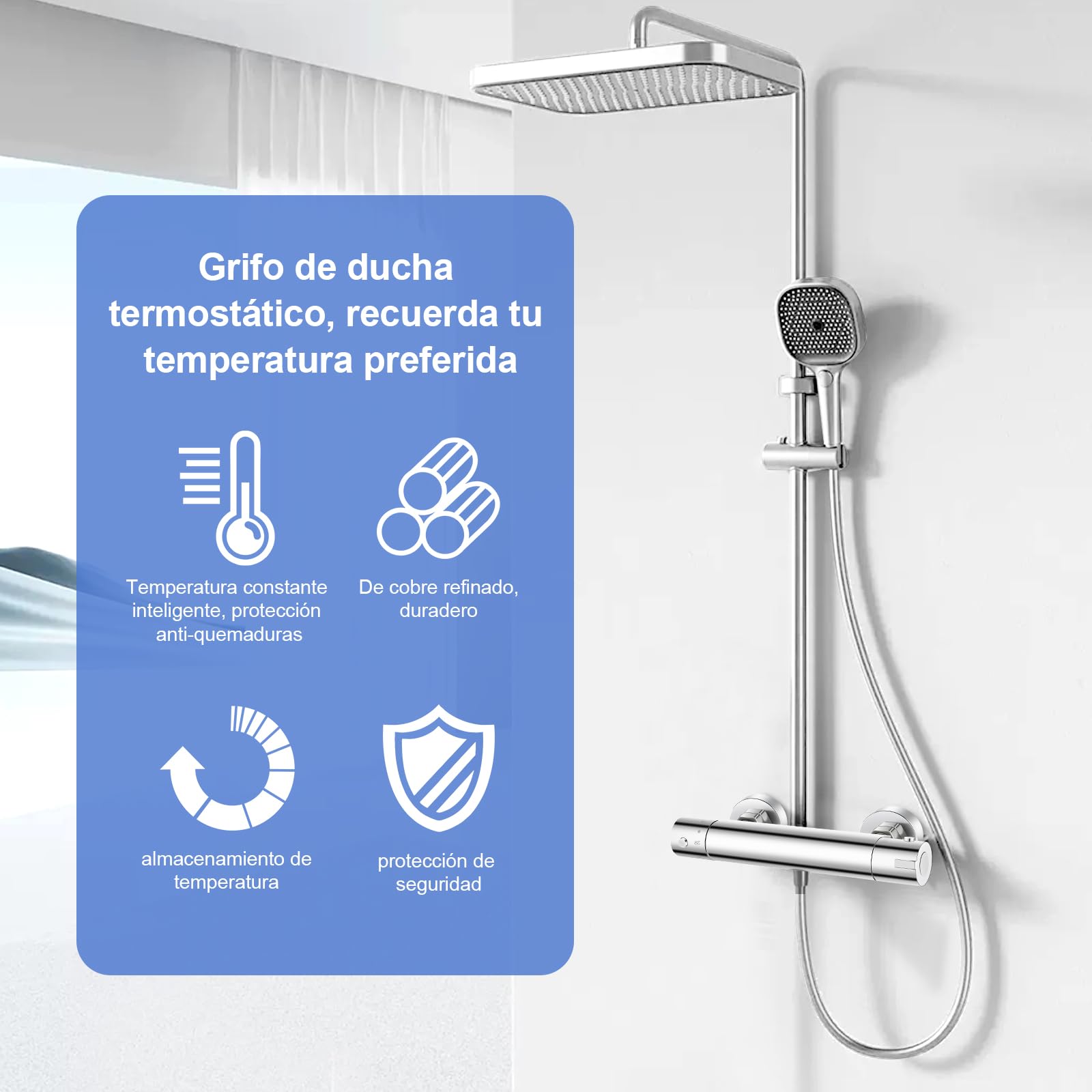 Grifo Ducha Termostato, Mezclador Termostatico de Ducha de Sobrepared con Bloqueo de Seguridad a 38 °C, grifo bañera termostático de latón, adecuado para Alta Presión de Agua