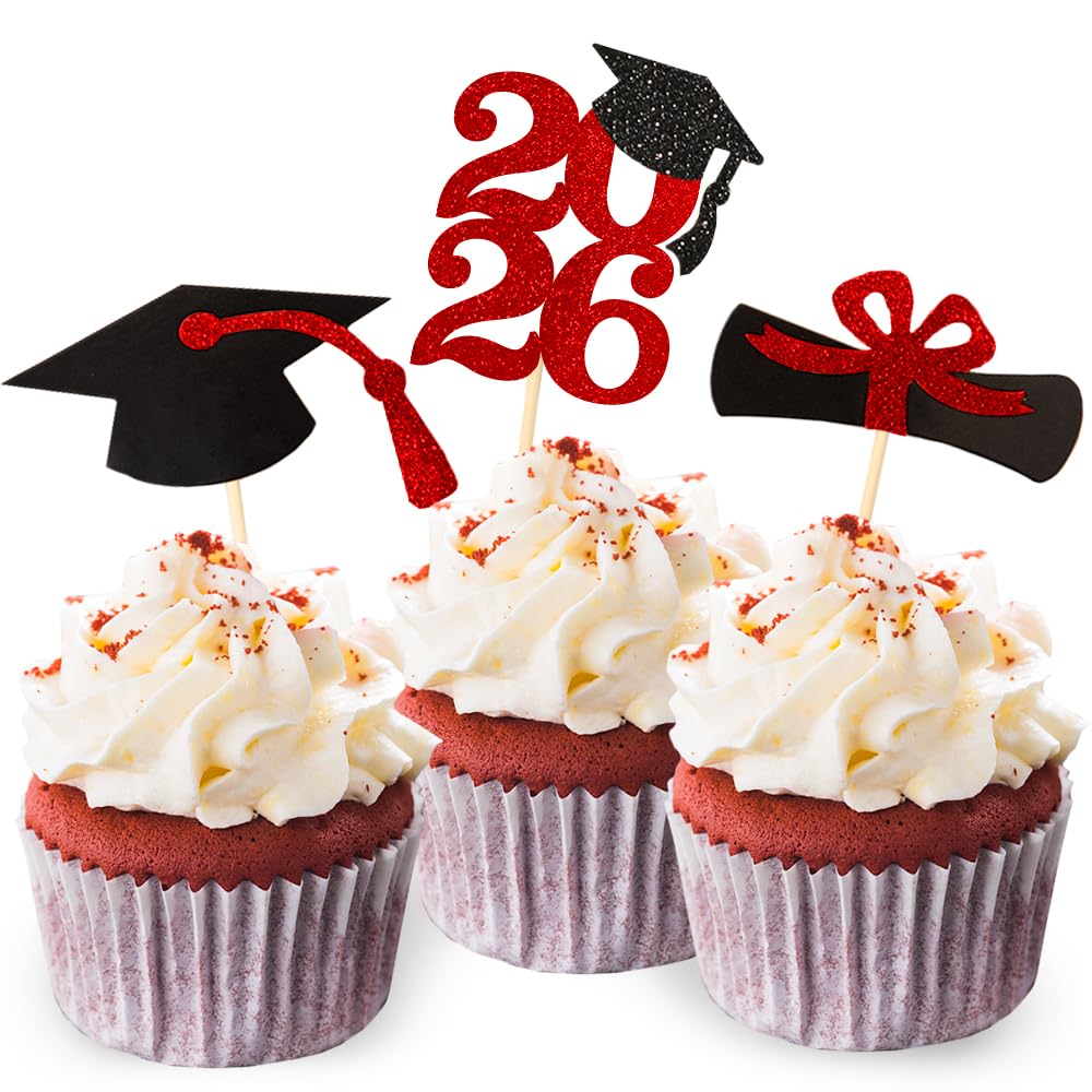 Class of 2026 Red Glitter Graduation Cupcake Topper, Food/Appetizer Picks for Graduation Party (24pcs)