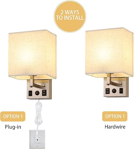 Miniatura 4 de BTY Juego de 2 apliques de pared modernos, lámparas de pared para dormitorio, enchufe con puertos de carga USB, apliques de enchufe de CA,