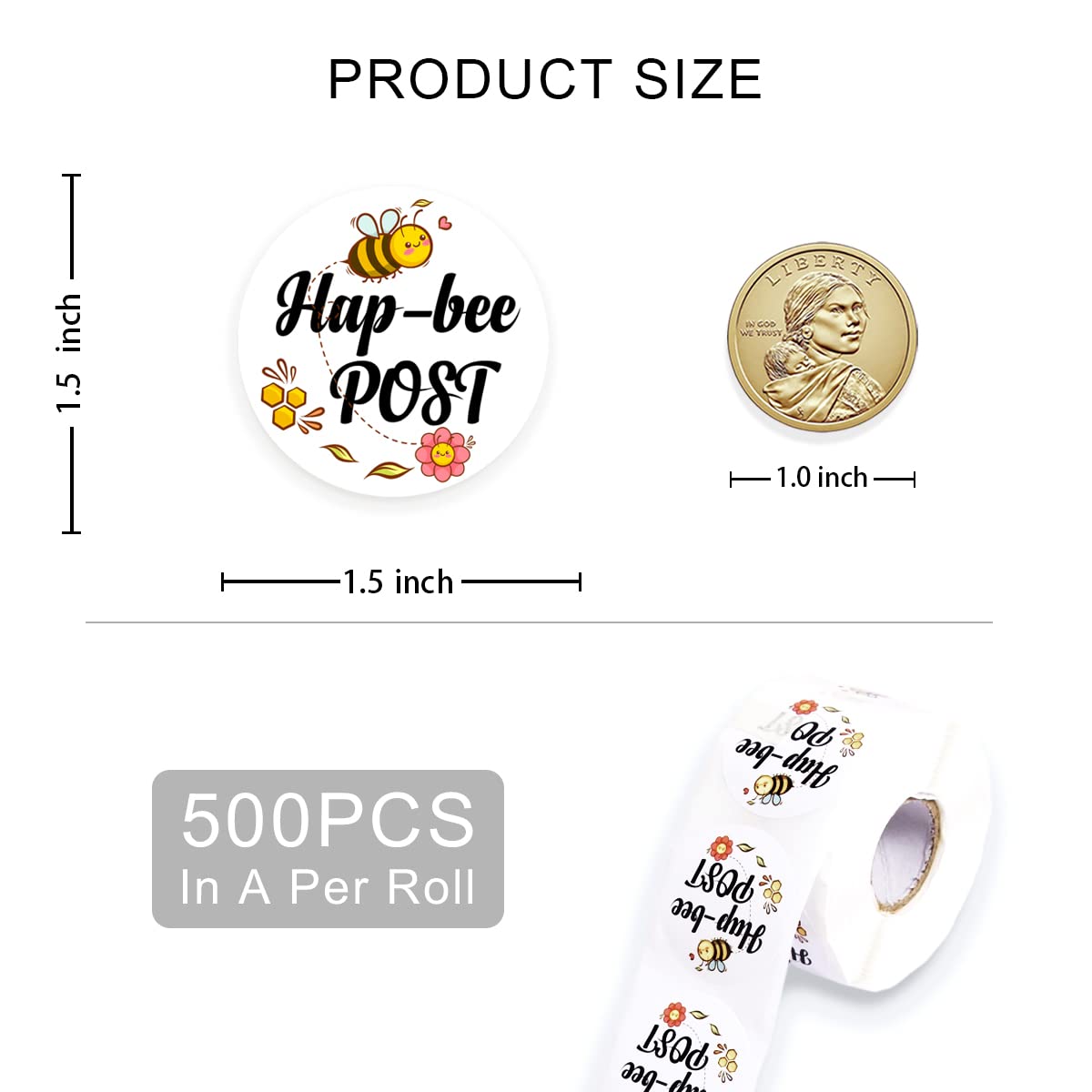 Kaecery Hap-bee Post Sticker Decal, Paper, 500 PCS, Funny, Occasions, Waterproof, Rectangular, Single Use, Roll, for Packaging, Mailing, Boxes, Envelopes, Commercial Gifts