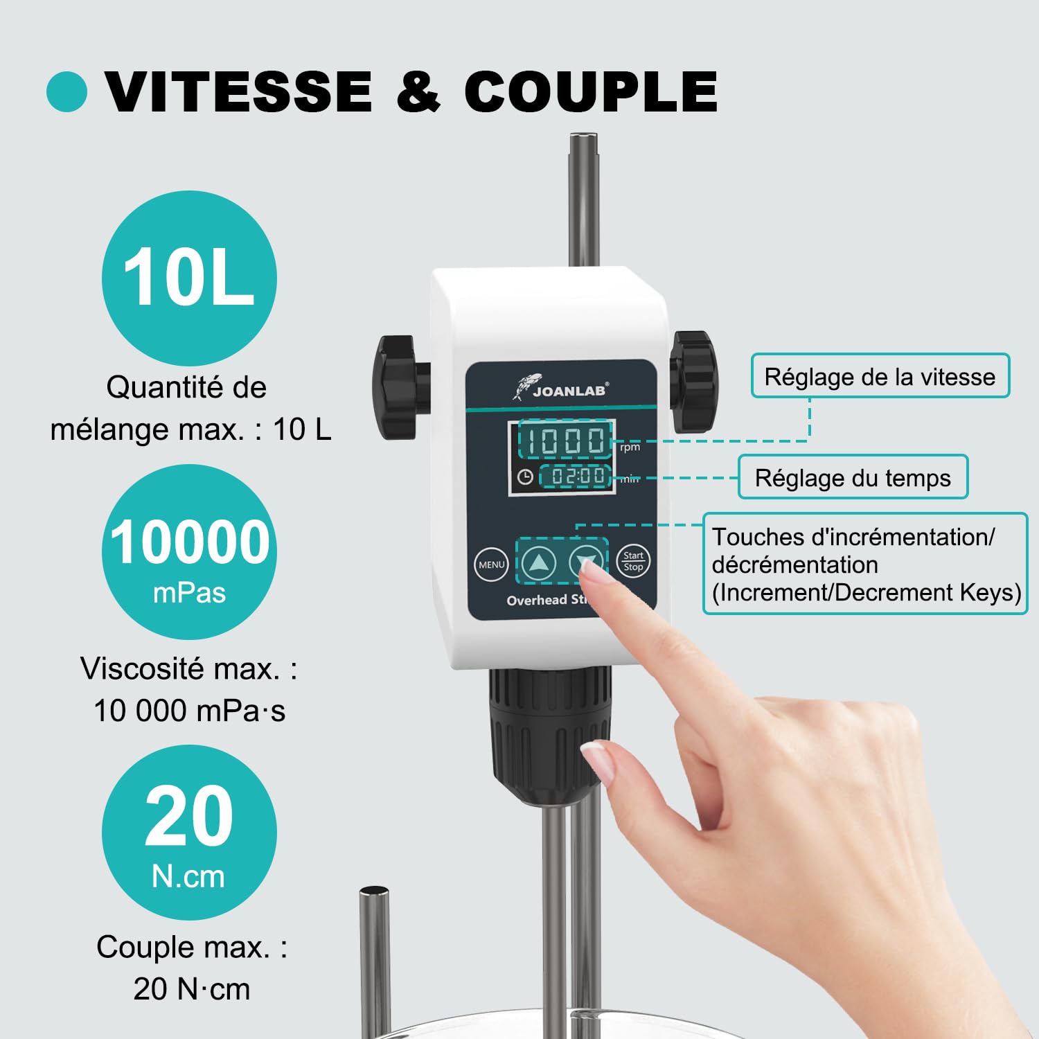 JOANLAB Agitateur Magnétique Overhead Stirrer, Mélangeur Laboratoire 36W avec Pale et Support Inox, Vitesse Ajustable 100-1200 tr/min, Minuterie Numérique 1min-24h, pour 10L & 20000 mPas(OS-5S)