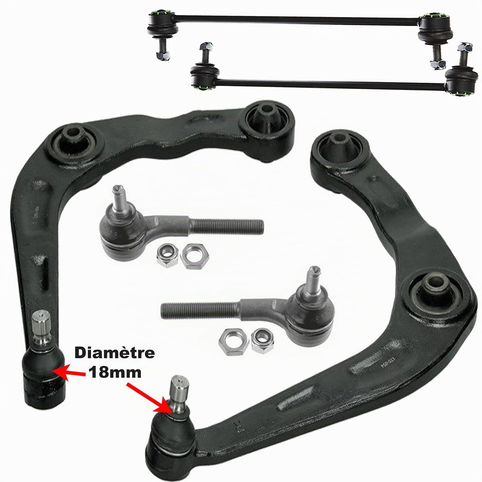 Kit Complet 2 Triangles Inférieurs + 2 Rotules de Suspension 18mm + 2 Rotules de Direction + 2 Biellettes de Barre Stabilisatrice compatible pour 206-3817.14 1612159980 3521.C8