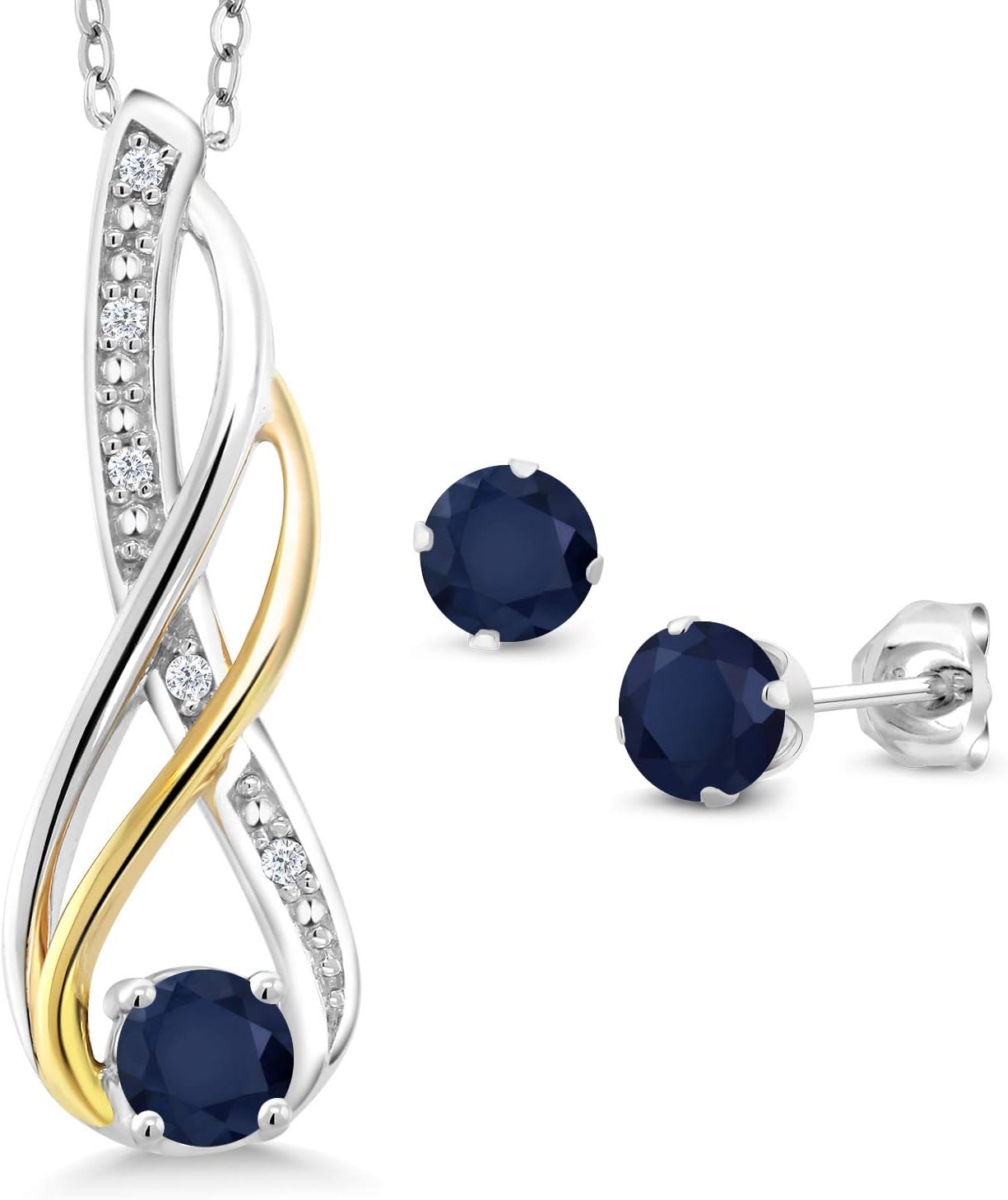 Gem Stone King 1.12 Cttw Blue Sapphire and White Diamond Pendant and Earrings Jewelry Set For Women | 925 Sterling Silver and 10K Yellow Gold | Gemstone Birthstone | With 18 Inch Chain