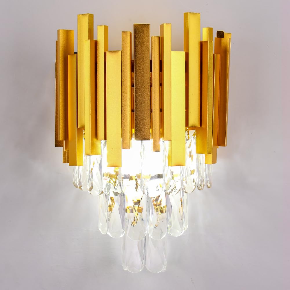 FRIXCHUR Gold 3-Tier Crystal Wall Light 2-Light E14 Sconce