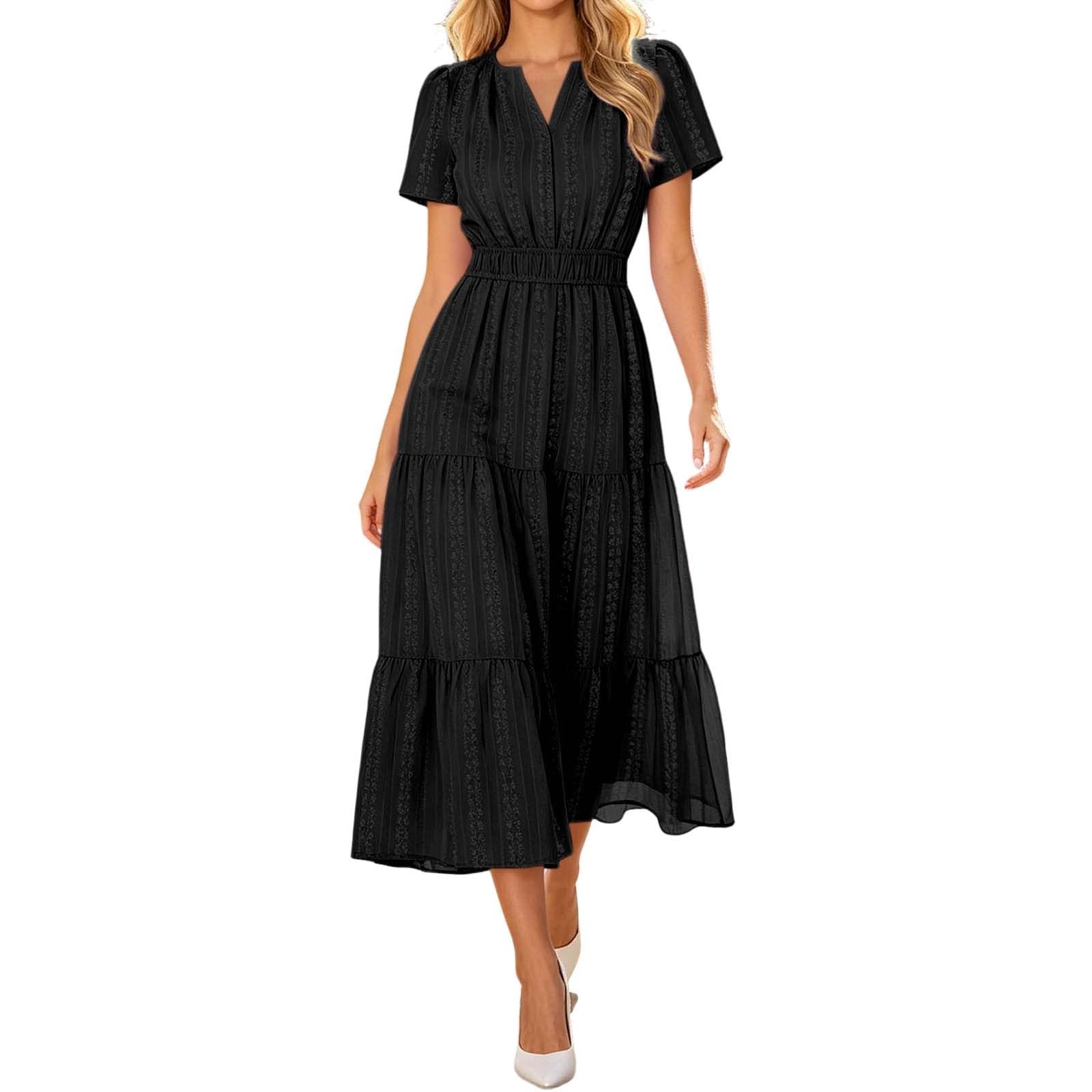 Robe d'été Unie à Manches Courtes, col élégant et Poches, Style décontracté