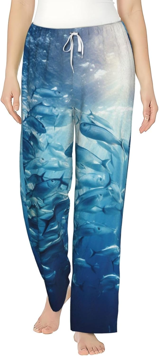 Blue Ocean Underwater Fish Print Fashion Cozy Womens Flannel Pajama Pants,Perfect For Christmas And Everyday Wear