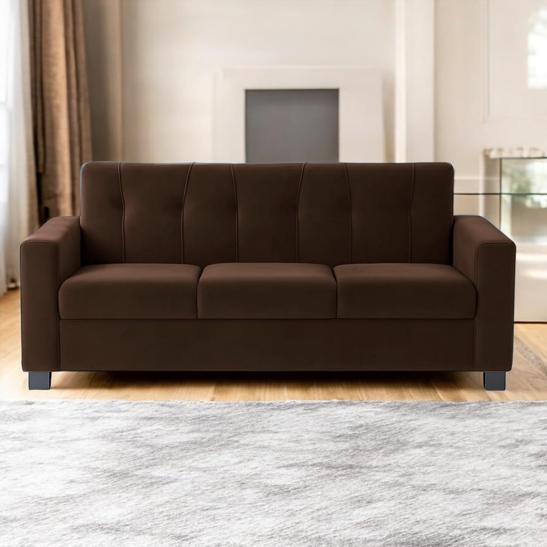 FURNY Homeoy 3 Seater Fabric Sofa Set (Brown) with Velvet Fabric | Durable Comfort | Ideal for Living Room