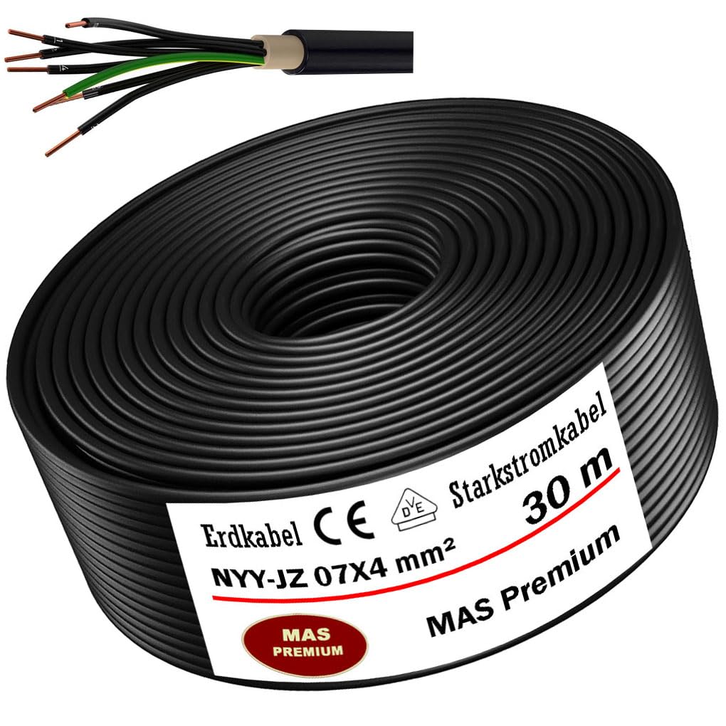 MAS-Premium Erdkabel Deutscher Marken-Elektrokabel Ring zur Verlegung im Erd- und Außenbereich Standard Starkstromkabel (NYY-JZ 07X4 mm², 30m)