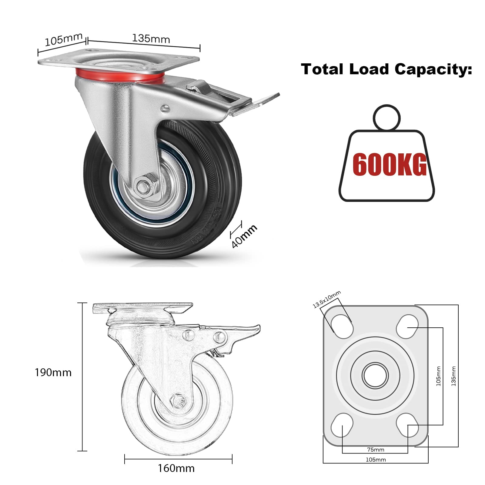 Juego de Ruedas para Cargas Pesadas, hasta 1200 Kg, 160 mm, 8PCS Ruedas Giratorias- 4 Ruedas de Transporte con Freno, 4 sin Freno, Ruedas para Muebles, Silenciosas