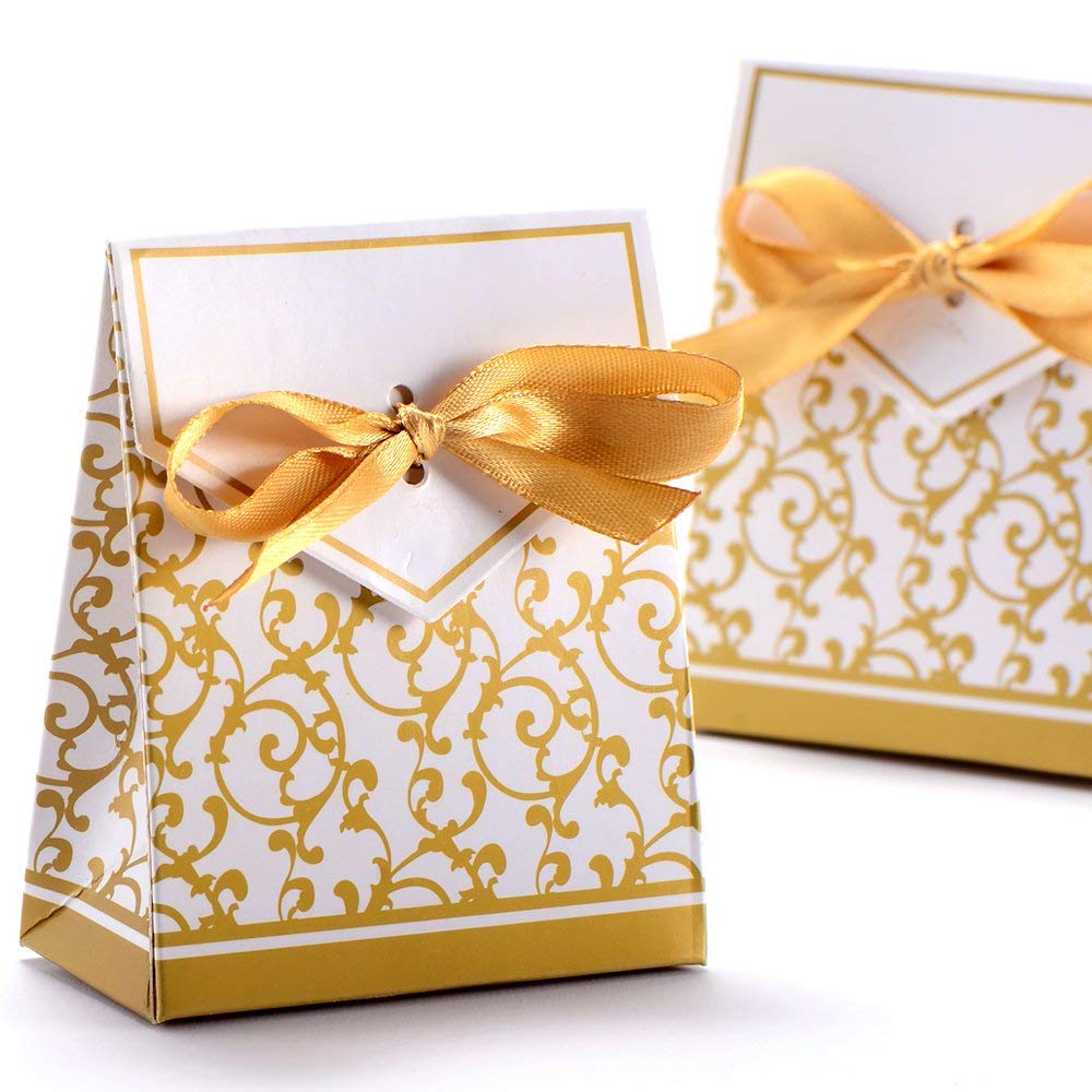 AKORD 30 x Wedding Favour Candy Gift Boxes with Ribbons, Gold, 6.7 x 3.7 x 8.2 cm