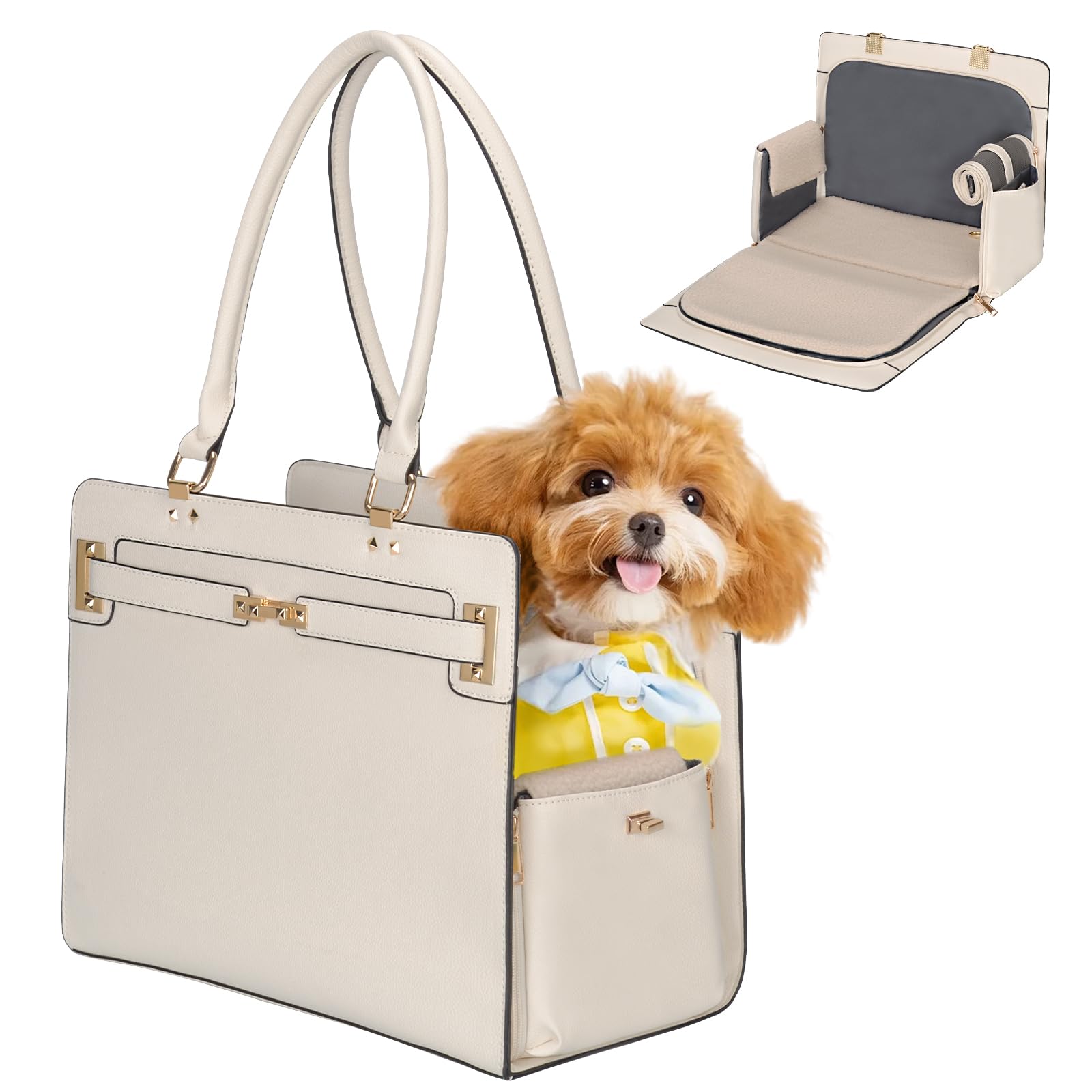 2-in-1 Stylish Dog Purse Carrier Soft-Sided Carriers Travel Tote Bag for Small Dogs Cats, Fashion Foldable Pet Bag for Puppies Small Animals with Pockets (White, 15" L x 7.5" W x 12.2" H) — image 1