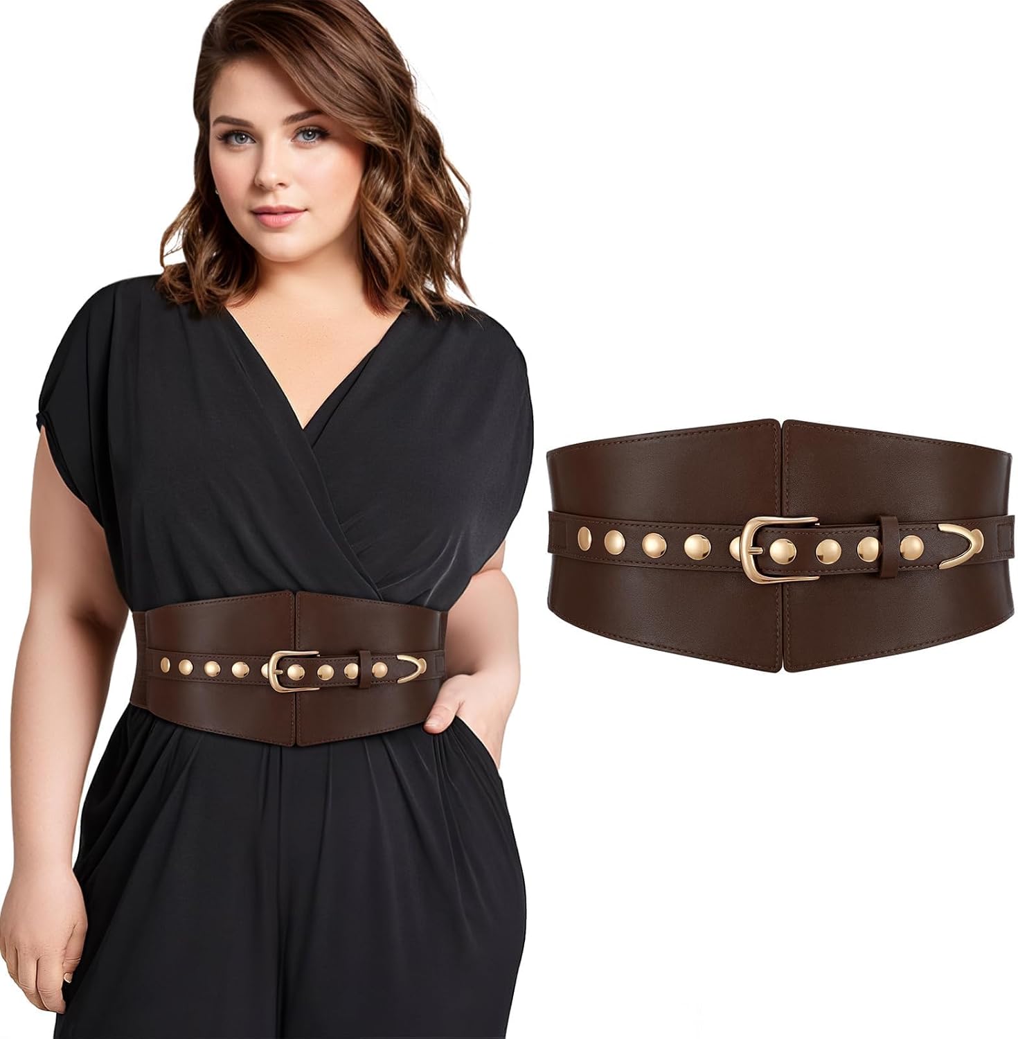 Wide Waist Belt Women Elastic Chunky Stretchy Elegance Belt with Gold Rivets Buckle for Daily Costume - Image 7