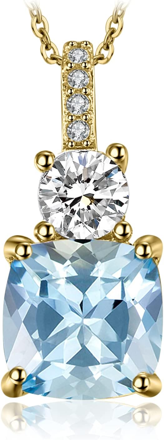 JewelryPalace 2.2ct Cushion Cut Genuine Sky Blue Topaz Pendant Necklace for Women, 14k White Yellow Rose Gold Plated 925 Sterling Silver Necklace For Her, Natural Gemstone Jewelry Sets 18 Inches Chain