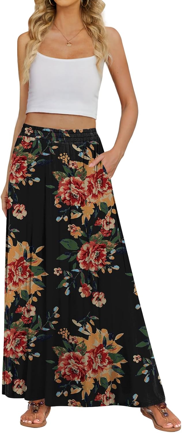 MLXSJ Women's Maxi Skirt Flowy High Waisted Casual Long Skirts with Pockets