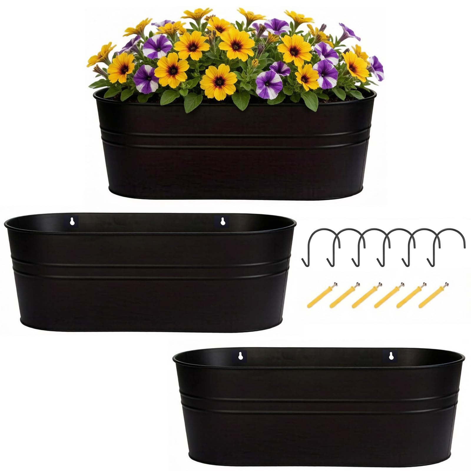 OGIMA 41cm Railing Planter Box, 3 Pack Large Hanging Planters for Outdoor Plants Wall Planters with Hooks for 7cm Railings, Balcony Planters Fence Flower Pot Hangers for Garden Yard Home Decor