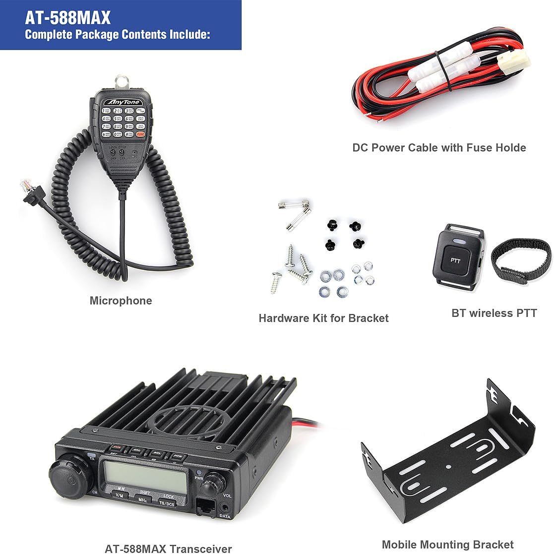 AnyTone AT-588Max package contents including radio, microphone, cables, and PTT