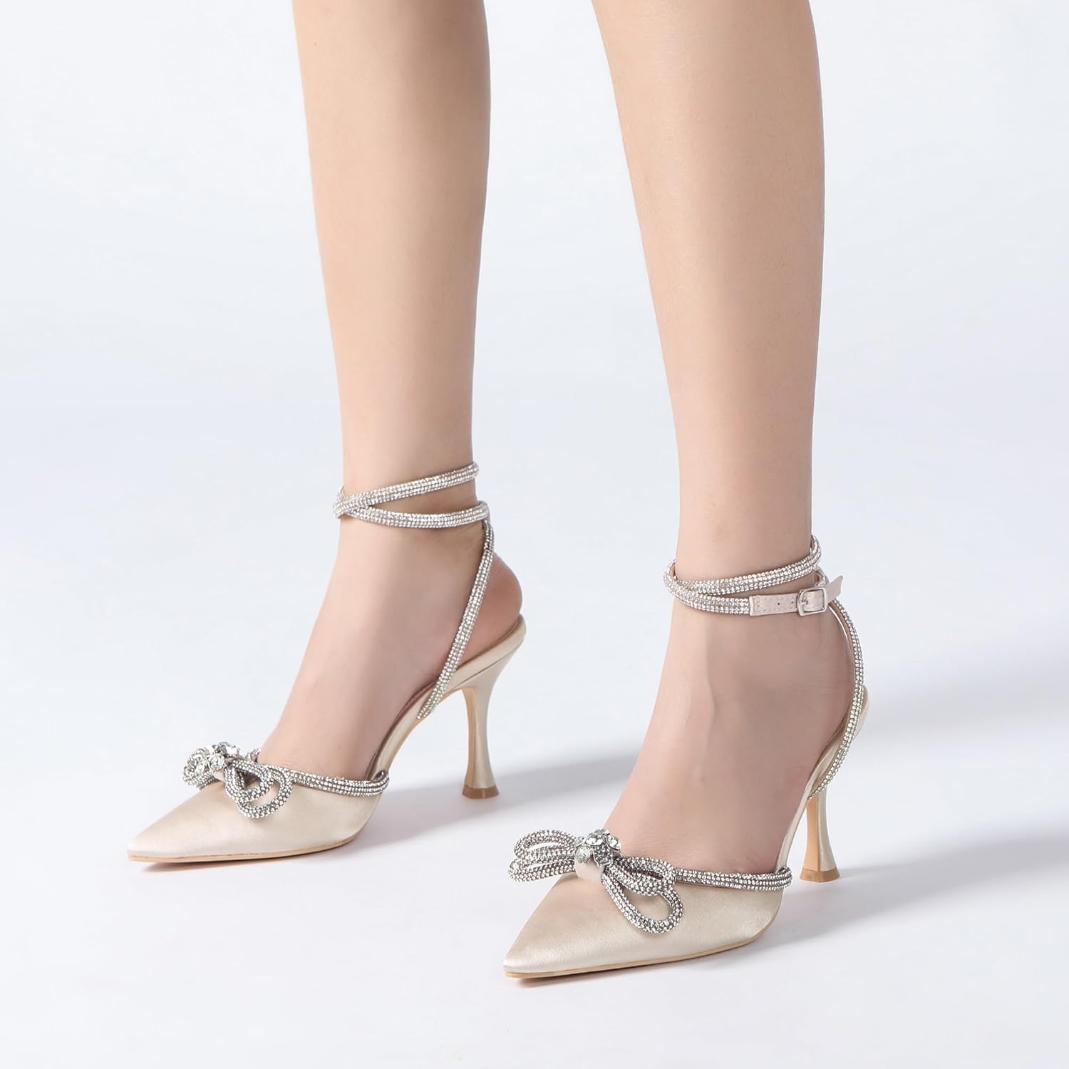 Athlefit Women's Rhinestone Bow Heels Ankle Strap Pointed Toe Stiletto Heeled Sandals Wedding Bridal Dress Pumps Shoes - Image 2