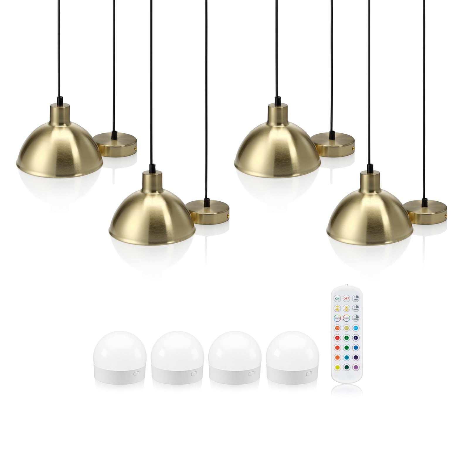 Auraglow Brass Rechargeable Wireless Pendant Light With Remote – Cordless, Battery-Powered, Dimmable, Colour-Changing (, 4 Lamps, 4 Light Sources, 1 Remote)