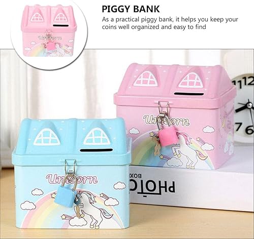 Miniatura 7 de Alcancía con forma de casa para niñas con cerradura y llave, banco de dinero de unicornio de metal para niñas y niños, regalo y decoración del hogar