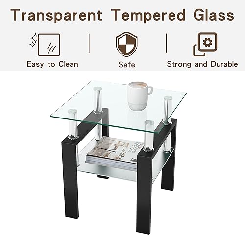 Miniatura 5 de Juego de 2 mesas auxiliares de cristal, mesa auxiliar cuadrada de 2 niveles con marco de metal, mesita de noche pequeña para sala de estar,