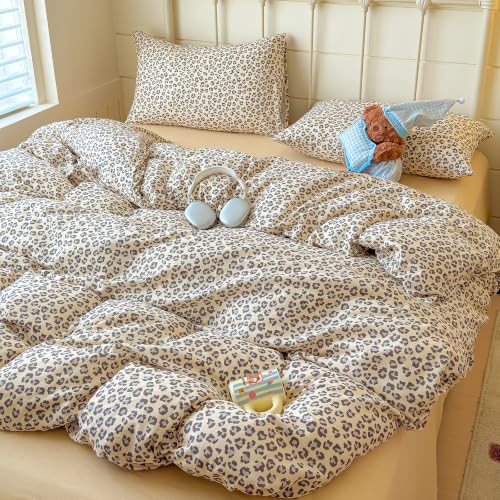 Image of VM VOUGEMARKET Leopard Duvet Cover Set Twin,Cream Grey,Muslin Cotton