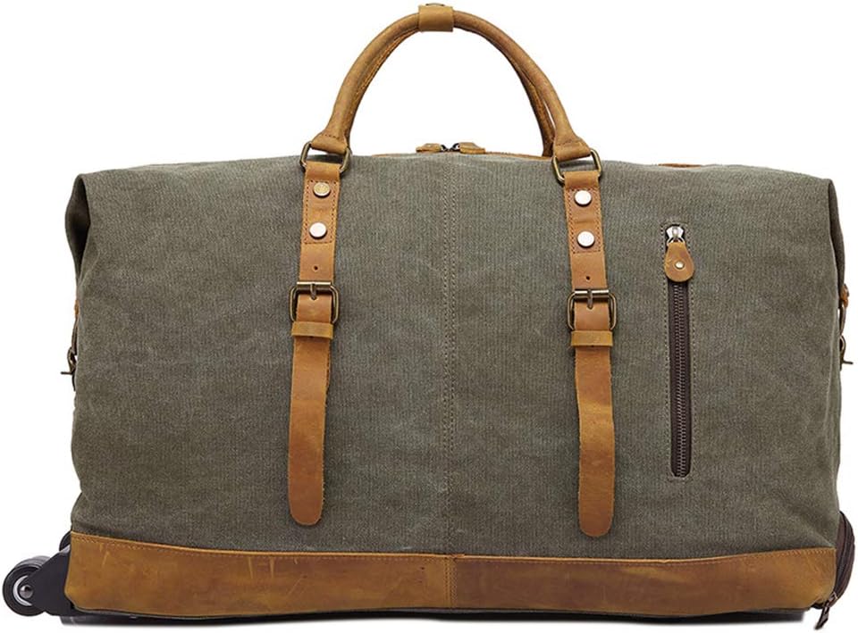 DCRYWRX Canvas Leather Wheeled Travel Bag Portable Multi-Function Retro Messenger Bag Men Bag Tote Duffel Weekend Bag,Green