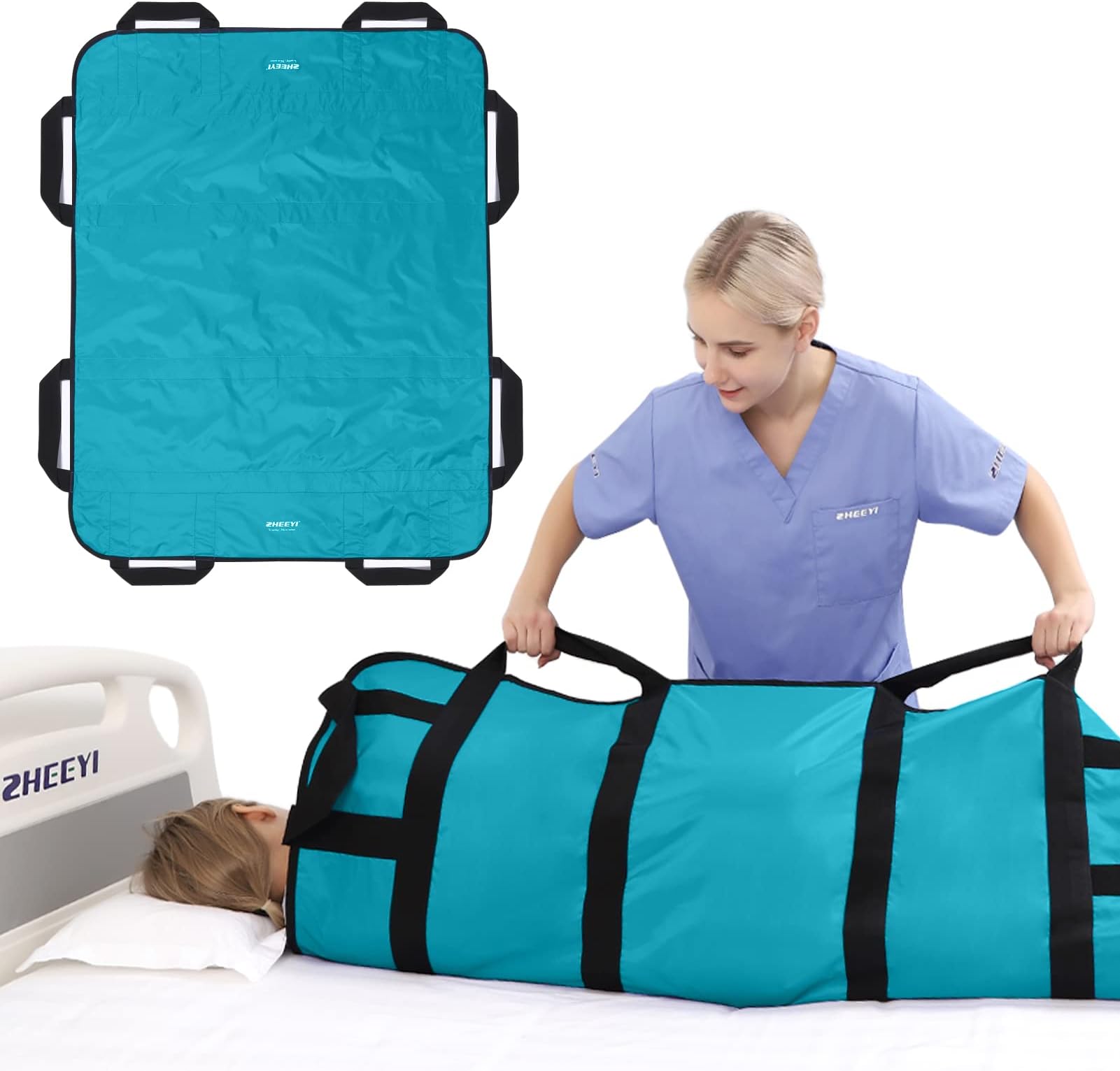 Multipurpose 48" x 40" Positioning Bed Pad with Reinforced Handles - Reusable & Washable Patient Sheet for Turning, Lifting & Repositioning - Double-Sided Nylon Fabric, Peacock Blue