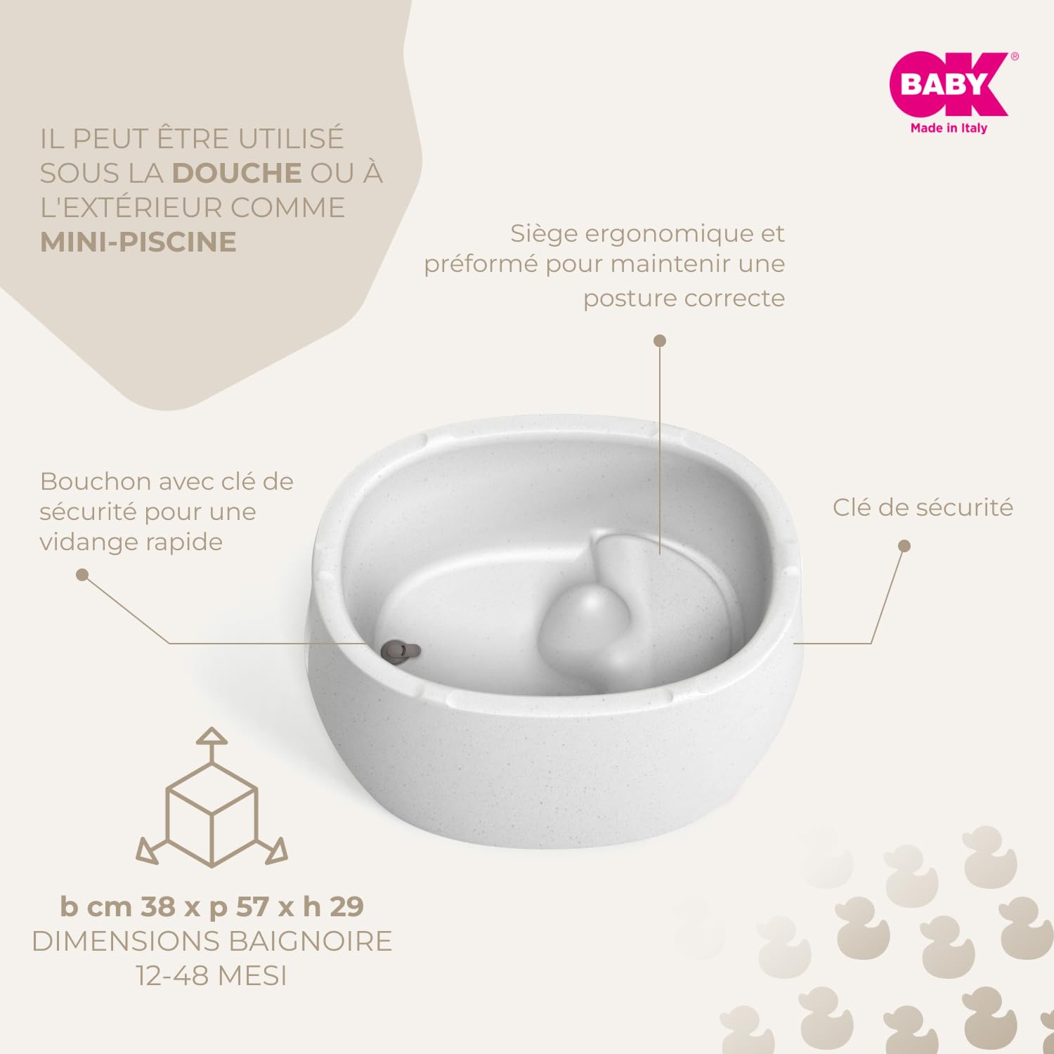 OKBABY Unica - Bañera 0-4 Años con Doble Uso, Termómetro Incorporado y Soporte Ergonómico - Bañera y Minipiscina para Niños - Granito