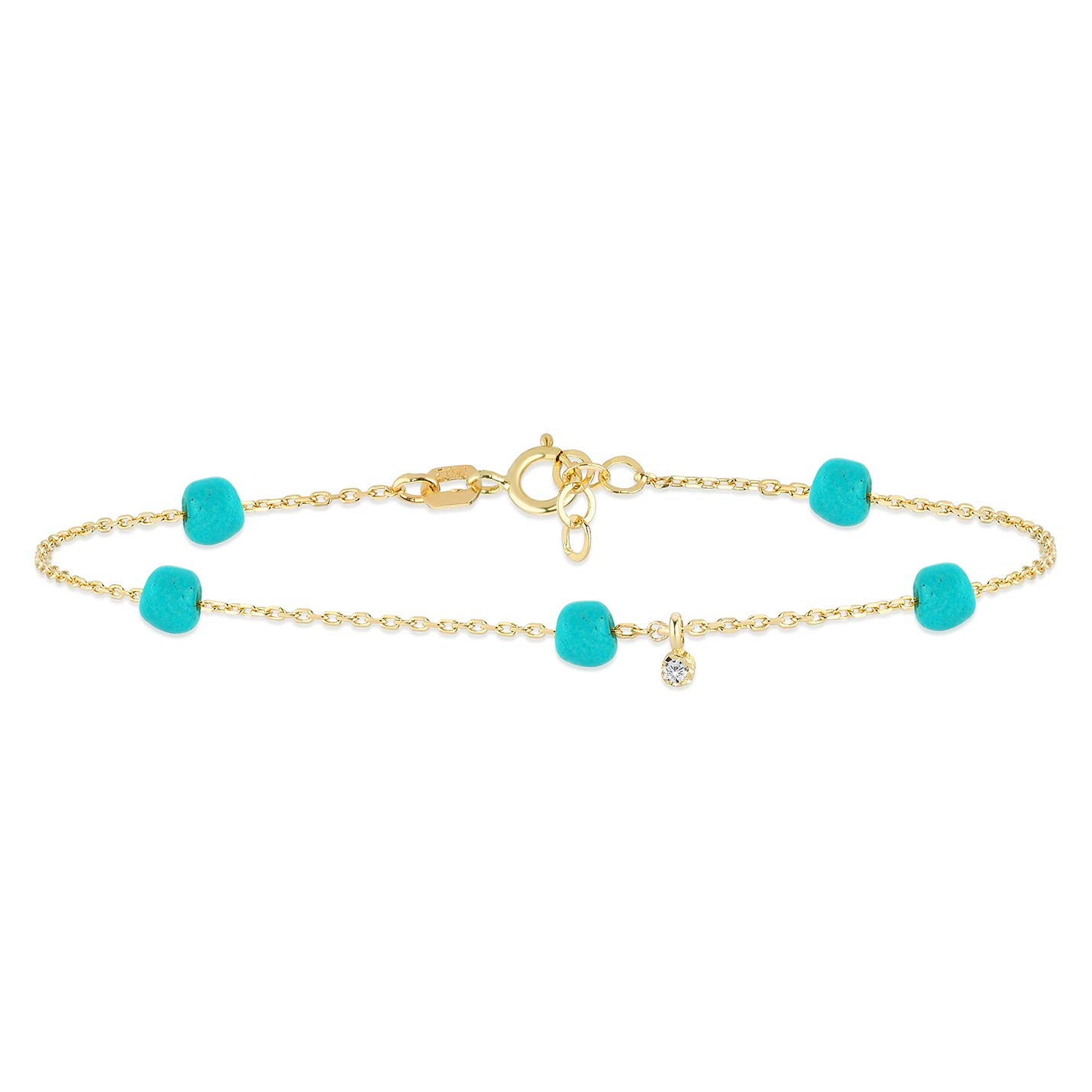 14k Solid Gold Turquoise Station with Diamond Adjustable Bracelet for Women