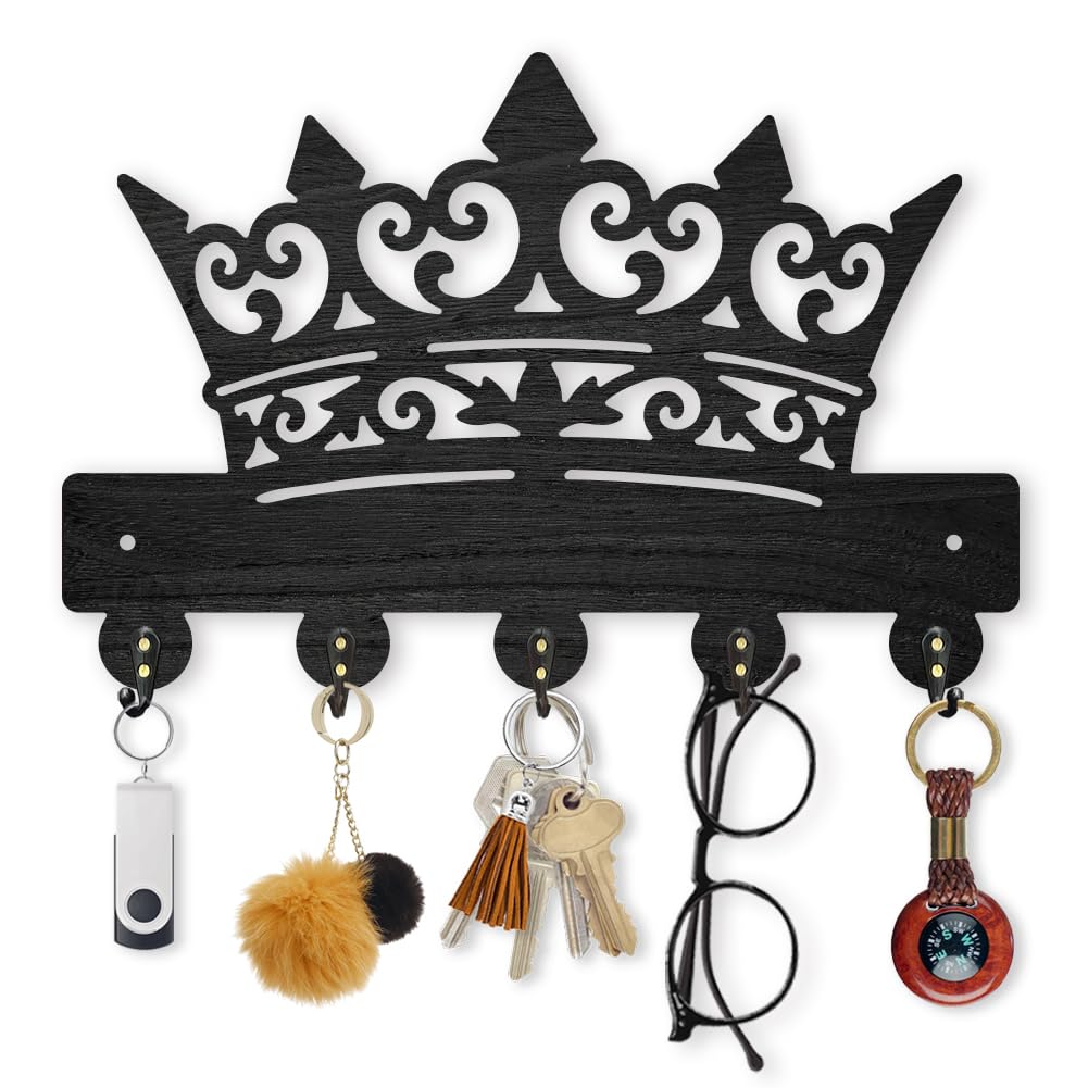 MAYJOYDIY Gorgeous Crown Wooden Key Holder King Queen Key Hanger for Wall 30×20 cm Decorative Wall Mount Coat Rack with 5 Alloy Hooks for Entryway Kitchen Office Bedroom Gift