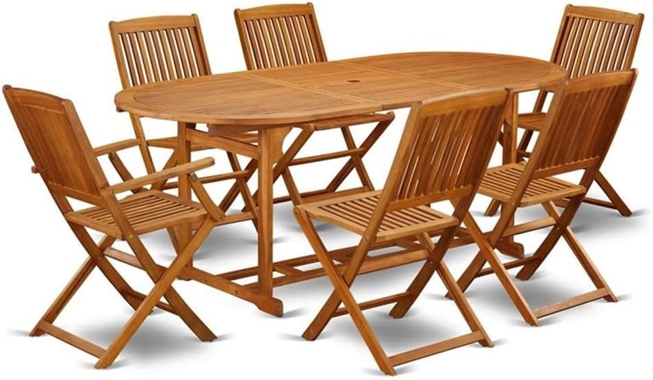 East West Furniture BSCM7CWNA 7 Piece Patio Dining Set Consist of an Oval Outdoor Acacia Wood Table and 6 Folding Side Chairs, 36x78 Inch, Natural Oil