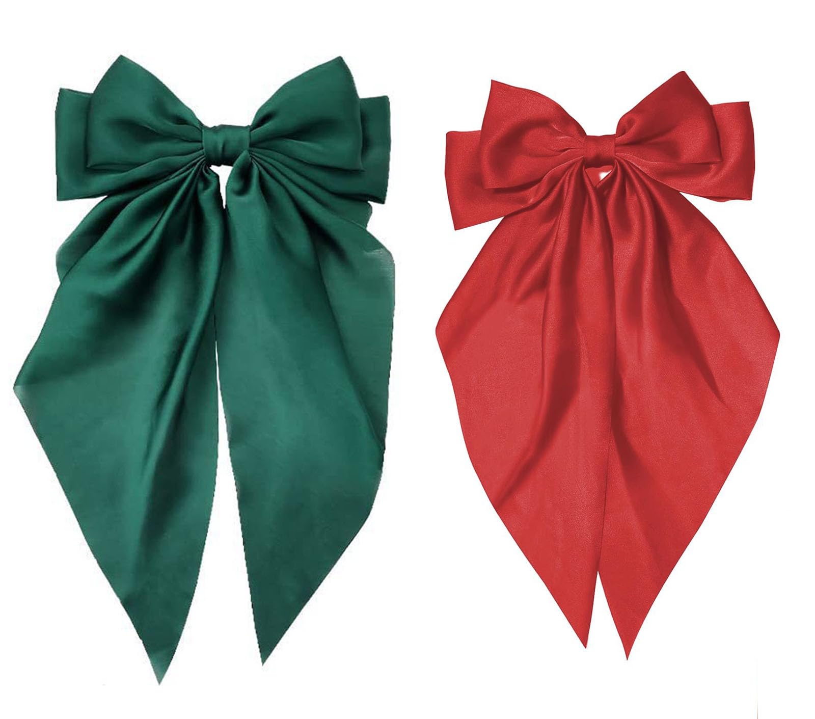 ZOONAI 2Pcs Big Satin Layered Hair Clip for Women Girls Large Long Bow Hair Clip Bowknot Hairpin Hair Accessories (Green Red)