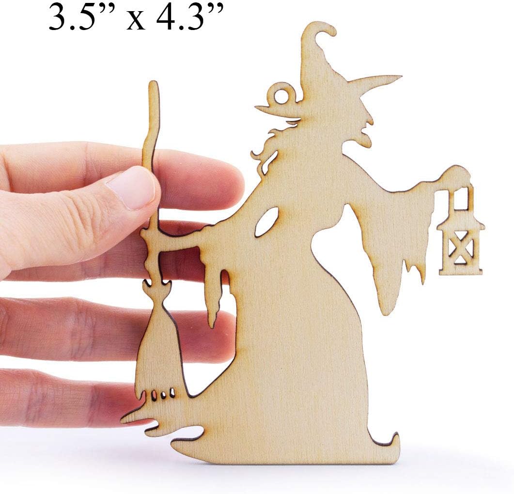 Summer-Ray 20 Pcs Wooden Witch Cutouts – Halloween Laser-Cut Decorations in 4 Designs, 2.5mm Plywood with Hanging Holes for DIY Crafts, Party Décor & Haunted House Projects