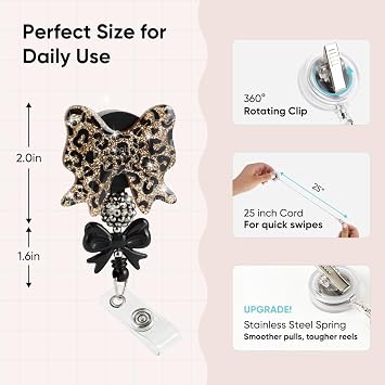 YOPPIX Leopard Bow Badge Reel, Coquette Bow Funny Sparkly Glitter Retractable Badge Reel for Nurses RN EN Doctor Paramedic Teachers Medical Office Womens