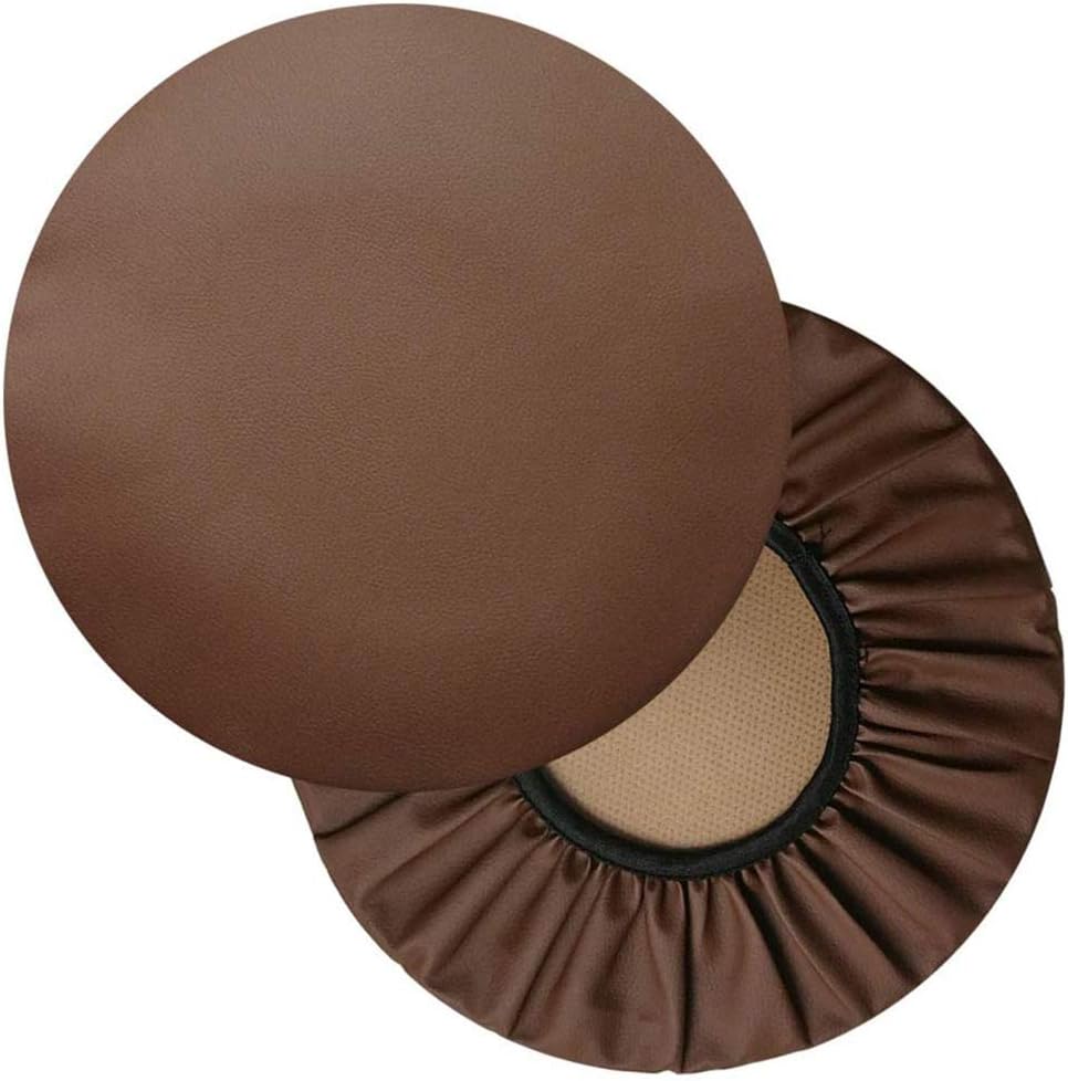 Solid Color Chair Slipcover for Bar Club Kitchen Garden,Watedrproof Elastic Bar Stool Seat Cushions,Anti-Slip Seat Cover,Round Pu Leather Bar Stool Cover-Coffee 38x38cm(15x15inch)