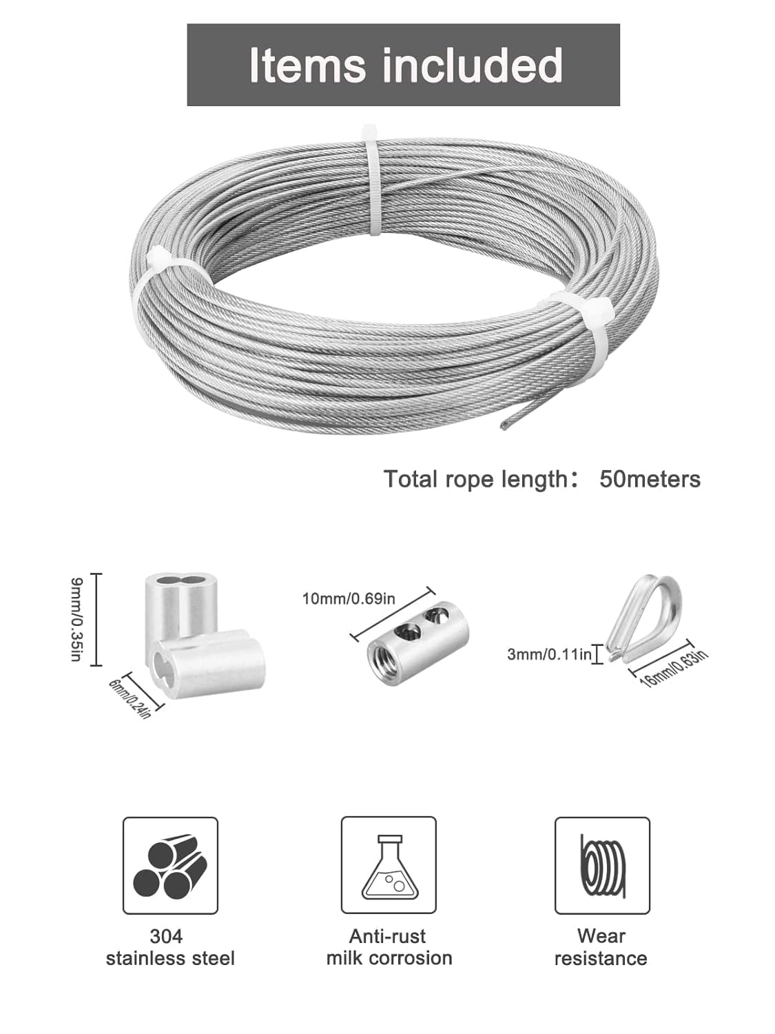 FSHIHINE 5/64 Garden Wire Rope Cable 50M Stainless Steel Wire Cable, PVC Coated for Support System,Clotheslines,Hanging Lights,Picture Pisplay with Cable Thimbles, Crimping Sleeves, Wire Rope Clips 1