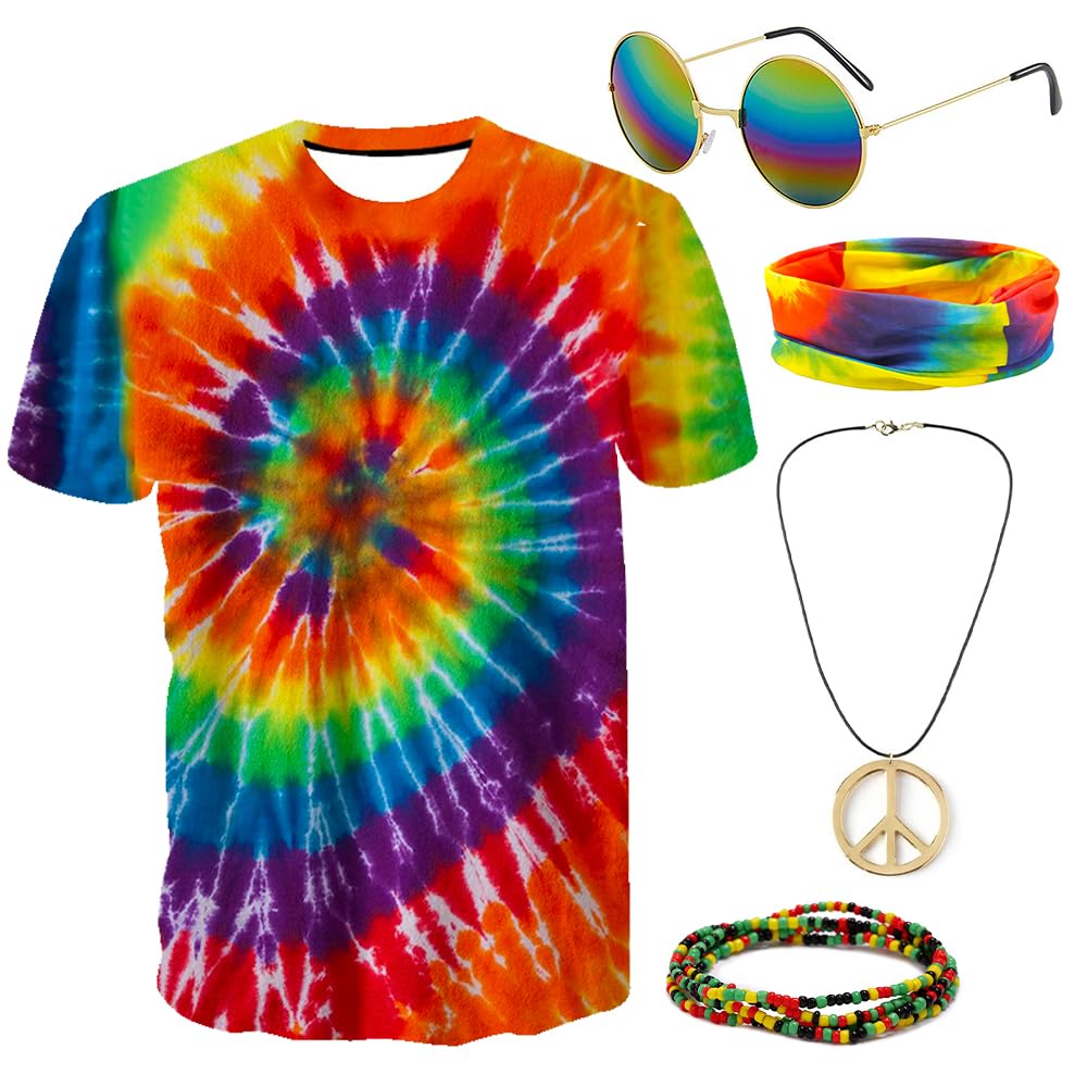 Gionforsy Hippie Costume Outfit for Men Women 60s 70s Costume Accessories T-shirt Peace Necklace for Halloween Costume Party
